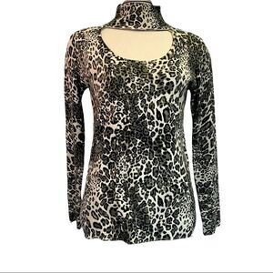 VENUS Green cream keyhole high neck long sleeve leopard cheetah print top size M